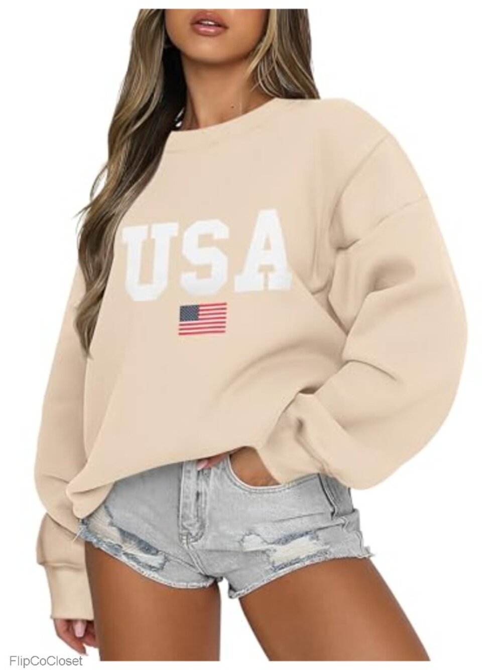 Oversized USA Graphic Crewneck Fleece Sweatshirt Cotton Blend Pullover